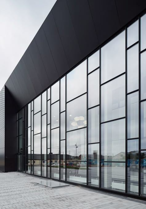 Ystad Arena Bad, Ystad | Glass Wall Exterior, Glass Building Architecture, Asymmetrical Windows, Glass Building Facade, Factory Facade Design, Factory Facade, Industrial Facade, Glass Architecture, Custom Shower Doors