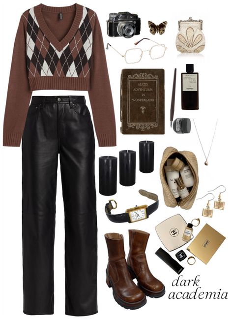 Black Academia Outfit Summer, Brown Pants Dark Academia, Polyvore Dark Academia, Dark Academia Outfit Board, Dark Academia Witch Outfit, Dark Academia Loungewear, Dark Academia Outfit Autumn, Dark Academia Outfit Essentials, Bookish Outfits Aesthetic