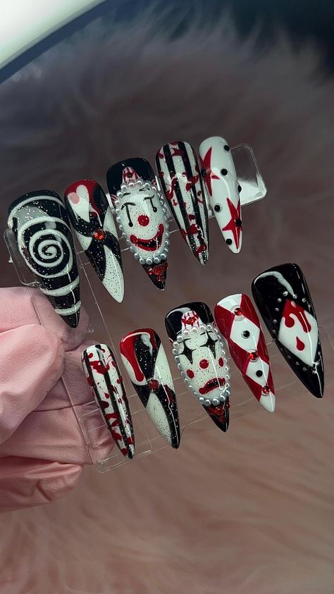 Every Nail Different Design Fun, Concert Nails Short, Weird Short Nails, Spooky Thanksgiving Nails, Milky Base Nails Design, Fall Junk Nails, Juggalo Nails, Halloween Nails Clown, Hotel Transylvania Nails