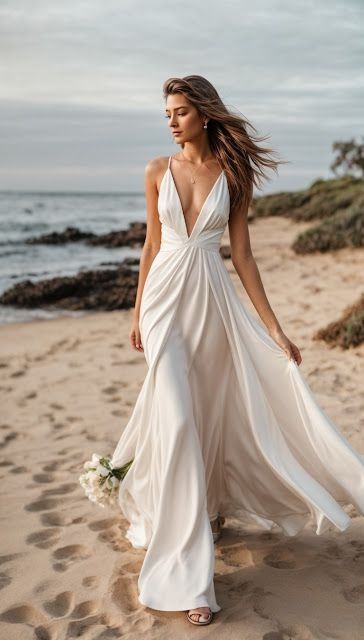 15 Beach Wedding Dresses For Every Type of Bride: The Best 2024 Ideas Beach Wedding Dress Not White, Simple Beach Wedding Dress With Sleeves, Champagne Beach Wedding Dress, Beachy Vow Renewal Dress, Beach Wedding Renewal Dress, Beach Wedding Dress Bride, Beach Renewal Of Vows Dress, Beach Vow Renewal Dresses, Wedding Beach Dresses