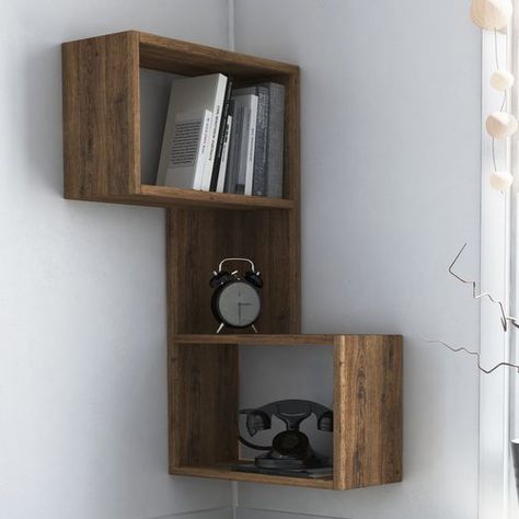 Wall Shelf Hokku Designs Corner Shelf Ideas, Corner Shelf Design, Wall Mounted Corner Shelves, Ruang Tv, Corner Wall Shelves, Modern Wall Shelf, Modern Bookshelf, Wall Shelf Decor, Diy Wall Shelves