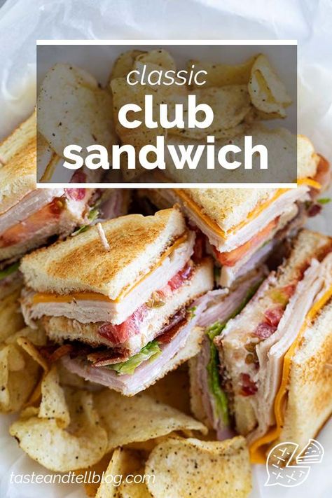 A popular sandwich seen on menus across the United States, this Club Sandwich is hearty and easy for a weeknight. Filled with layers of ham, turkey, bacon, cheese and veggies, this is a double-decker sandwich everyone loves. #recipe #sandwich #clubsandwich Club Sandwich Recipe, Clubhouse Sandwich, Sandwich Buffet, Turkey Club Sandwich, Recipe Sandwich, Club Sandwich Chicken, Club Sandwich Recipes, Taste And Tell, Best Sandwich Recipes