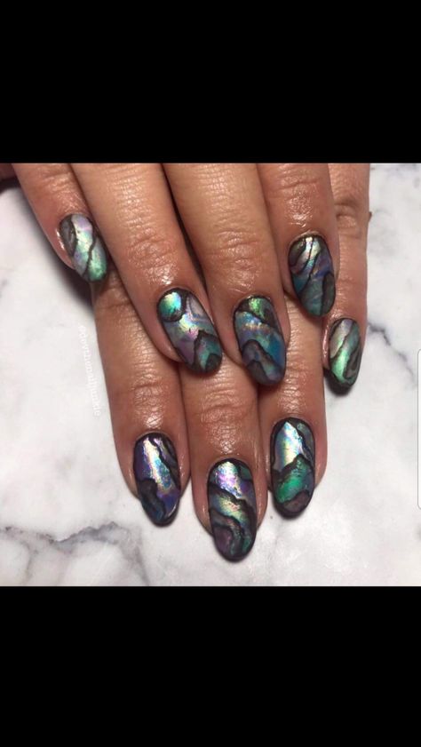 Done using..... Mother Of Pearl Nail Art, Abalone Nail Art, Abalone Shell Nails, Pigeon Nails, Labradorite Nails, Abalone Nails, Shell Nail Design, Agate Nails, Mother Of Pearl Nails