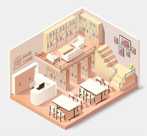 Isometric Cafe Interior, Small Book Cafe Interior Design, Book Store Cafe Floor Plan, Bookstore Layout Plan Design, Cafe Building Design, Library Design Architecture, Isometric Interior Design, Isometric Library, Bookstore Interior Design