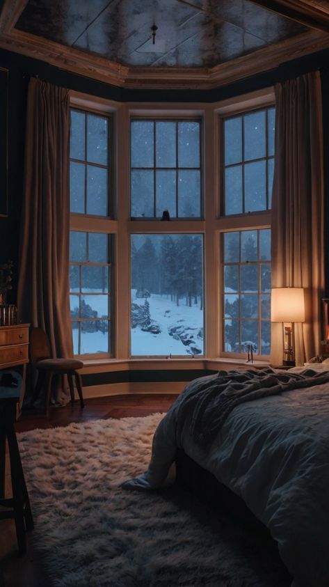 Bedroom With Lake View, Snowy Bedroom, Bedroom With Big Windows, Bed Rotting, Fall Hygge, Cozy Core, Room Comfy, Cosy Vibes, Fall Bedroom Ideas