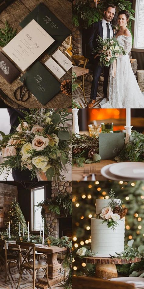 Winter Wedding Canada, Green Gold Winter Wedding, Emerald Green Weddings Winter, Fir Wedding Decorations, Fir Tree Wedding Decor, Winter Wedding In The Mountains, Wedding In The Pines, Winter Mountain Wedding Decor, Winter Forest Wedding Aesthetic