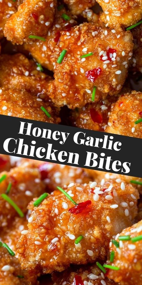 Honey Garlic Chicken Bites, Garlic Chicken Bites, Baked Honey Garlic Chicken, Crispy Honey Chicken, Honey Chicken Recipe, Chicken Bites Recipes, Honey Glazed Chicken, Baked Chicken Nuggets, Healthy Honey