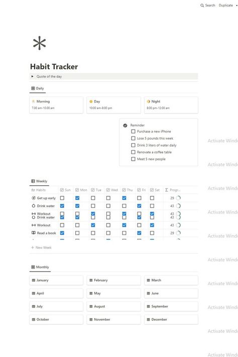 A free habit tracker notion template that can be your Simple , Weekly , Monthly , printable habit tracker . Establish your goal & make a routine by keeping an eye on your daily/weekly , monthly habits. This free template can be your next habit tracker idea for layout . Download now. Habit Tracker On Notion, Notion Template Ideas Monthly, Notion Daily Habit Tracker, Notion Layout Minimalist, Notion Goal Tracker, Free Notion Habit Tracker Template, Notion Daily Routine Template, Monthly Notion Template, Free Notion Habit Tracker