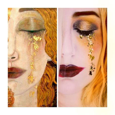 Makeup Inspired By Famous Paintings, Famous Painting Costume, Klimt Costume, Artist Halloween Costume, Art Halloween Costume, Tears Of Gold, Golden Tears, Painting Costume, Liquid Smooth