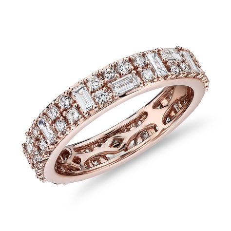 Set in enchanting 14k rose gold; this brilliant anniversary band features a trio of diamond cuts - princess; round and baguette - set in two dazzling rows to showcase the range of sparkle in each diamond cut. Dove Jewelry, Diamond Eternity Ring, Ring Settings, Moonstone Engagement, Moonstone Engagement Ring, Rose Engagement Ring, Catholic Prayers, Deco Engagement Ring, Diamond Anniversary