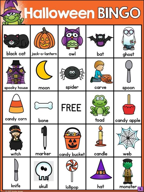 Halloween Bingo with Halloween vocabulary and kid-friendly pictures.  Great game to play in October. #kindergarten #firstgrade #ESL #halloween Pumpkin Vocabulary Cards Free, Halloween Esl Games, Halloween Party Elementary School, Halloween Bingo Printable Free, Halloween Party Activities For Kids, Halloween Games For Kids Party, Halloween Party Games For Kids, October Kindergarten, Halloween Bingo Game