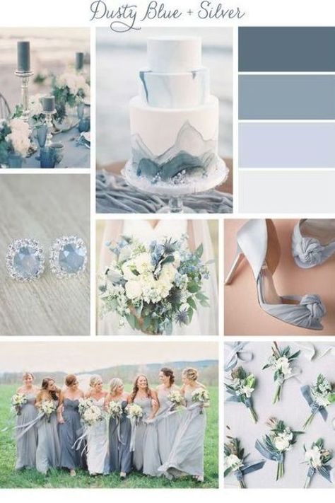 Dusty Blue and Silver Wedding Color Palette - by Grace and Serendipity Dusty Blue And Silver Wedding, Blue And Silver Wedding, Wedding Color Schemes Blue, Wedding Color Schemes Spring, Spring Decorations, Spring Wedding Colors, Blue Themed Wedding, Grey Bridesmaid Dresses, Wedding Colors Blue