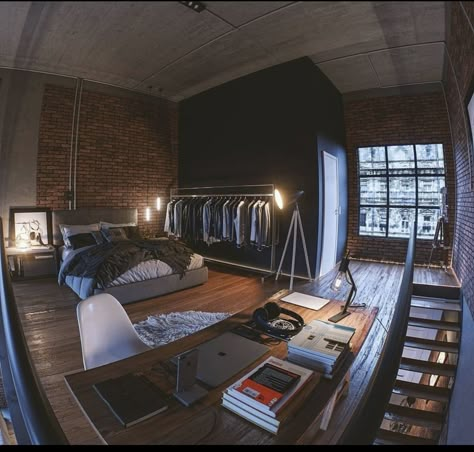 ☾~.~☕️follow me☕️~.~☾ Loft Bedroom Aesthetic, Industrial Studio Apartment, Industrial Style Apartment, Loft Apartment Bedroom, Industrial Bedroom Ideas, Industrial Loft Apartment, Industrial Apartment Decor, Industrial Bedroom Design, Aesthetic Architecture