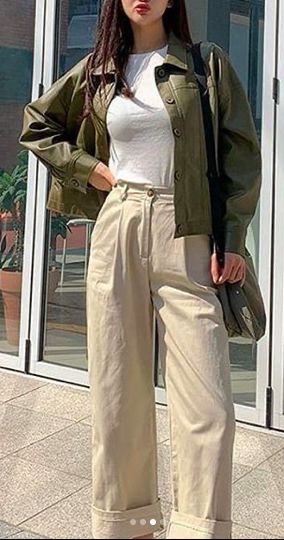 Beige And Army Green Outfit, Beige And Olive Green Outfit, Khaki Color Outfit, Moss Green Outfit, Army Green Outfit, Olive Green Outfit, Khakis Outfit, Green Leather Jacket, Olive Clothing