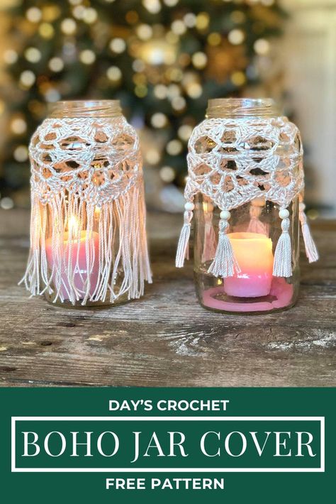 Crochet Candle Jar Covers, Jar Covers Ideas, Macrame Mason Jar Covers, Crochet Jar Cozy, Crochet Jar Covers Free Pattern, Crochet Mason Jar Covers, Recycle Jars, Crochet Candle Cozy, Quick Easy Crochet