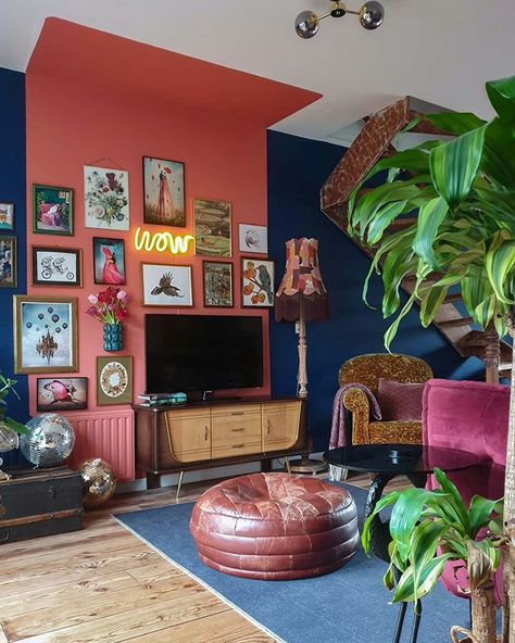 Instagram Living Room Entertainment Wall, Tv Wall Design Living Room, Quirky Living Room, Tv Gallery Wall, Maximalist Living Room, Colourful Living Room Decor, Living Tv, Dopamine Decor, Room Wall Painting