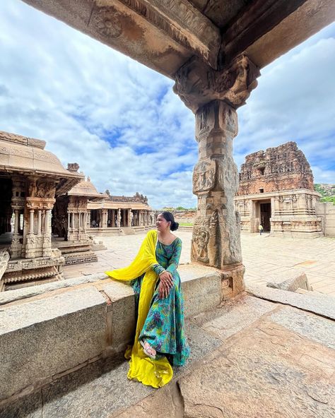 The magic of Hampi with me! ✨📜🛕 ✨ From the iconic Virupaksha Temple to the breathtaking Stone Chariot, each stop is a glimpse into India's magnificent past. 🌟 .. .. Outfit: @aachho .. .. #Hampi #TravelIndia #HistoricTemples #UNESCOWorldHeritage #AncientRuins #ExploreIndia #TravelWithMe #IncredibleIndia #TravelWithStyle #FashionAndTravel #TravelOOTD Hampi Outfits, Hampi Photography Poses, Hampi Karnataka, Hampi Sculptures, Travel Ootd, Virupaksha Temple Hampi, Ruins Of Hampi, Hampi, H Style