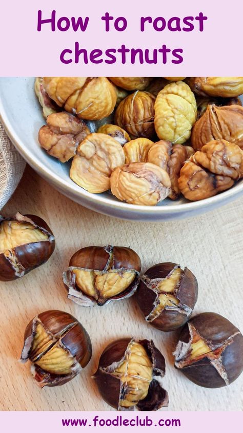 A small white dish of peeled roasted chestnuts with 6 unpeeled roasted chestnuts in the foreground. Oven Roasted Chestnuts Recipe, Fresh Chestnut Recipes, How To Cook Chestnuts In The Oven, Roasting Chestnuts Recipe, Roasted Chestnut Recipes, How To Roast Chestnuts At Home, Roasting Chestnuts In Oven, How To Roast Chestnuts In The Oven, Roasted Chestnuts Oven