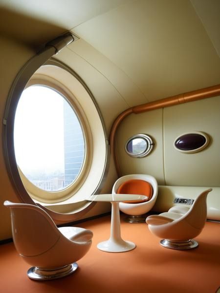 JJ's - Retro Futurism - XL v1.0 | Stable Diffusion LoRA | Civitai Retro Futurism Bathroom, 1950s Retro Futurism, 70s Futurism Interior Design, Retrofuture Interior, Vintage Futurism Aesthetic, Retro Futurism Bedroom, 50s Futurism, Space Age Architecture, Futuristic Couch