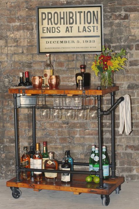 Beautiful rustic bar cart!                                                                                                                                                                                 More Industrial Bar Cart, Bar Cart Styling, Industrial Bar, Vintage Industrial Furniture, Pipe Furniture, Mini Bars, Utility Cart, Diy Bar, Industrial House