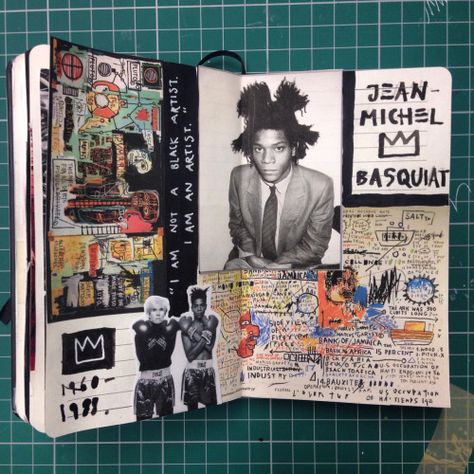 Basquiat Sketchbook, Art Sketch Book Ideas Inspiration, Art Sketchbook Pages, Sketch Book Pages, Artist Research Page, Scrapbook Aesthetic, Illustration Design Graphique, Kunstjournal Inspiration, Sketchbook Layout