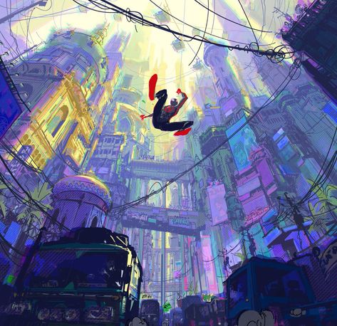 Across The Spider Verse Background Art, Spiderman Across The Spider Verse Illustration, Spiderverse Landscape, Spiderman Across The Spider Verse Background, Spiderverse Environment, Spiderverse Study, Spiderman Across The Spider Verse Concept Art, Across The Spider Verse Concept Art, Across The Spiderverse Concept Art