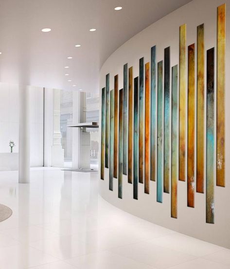 Large Painting multiple panels lobby office corporate art, curved Large Wall Sculpture, huge wall art installation, designer home staging  The pictures show examples of different configurations. The prices are for 4 panels. This abstract original painting a textural work on bold bright colors. Huge Wall Art, Lobby Decor, Lobby Wall, Remodel Basement, Office Lobby, Decor Videos, Corporate Art, Grand Art Mural, Curved Walls