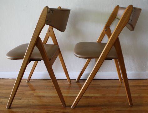 Mid Century Modern Coronet Folding Chairs - This is a pair of mid century modern Danish style folding chairs.  They are made by Coronet, have a solid wood frame and naugahyde seats and backs.   Very cool design, comfortable, and stores well.  Dimensions: Seat width: 18″W, Seat depth: 15″D, Seat height: 17″H, Back height: 31″H.  *SOLD* Aeron Chair, Padded Folding Chairs, Wooden Folding Chairs, Folding Dining Chairs, Unique Dining Room, Wood Folding Chair, Vinyl Chairs, Chair Size, Chair Pictures