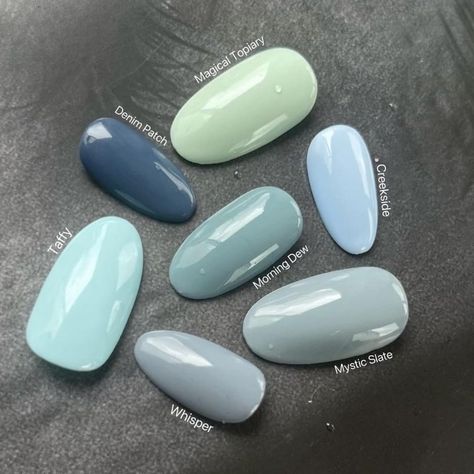 Spring Nails 1 Color, Blue Green Manicure, Nail Color For Teal Dress, Light Mint Blue Nails, Light Blue Nail Polish Colors, Muted Teal Nails, Gel Nails Pale Skin, Nail Colors For Blue Dress, Creamy Blue Nails