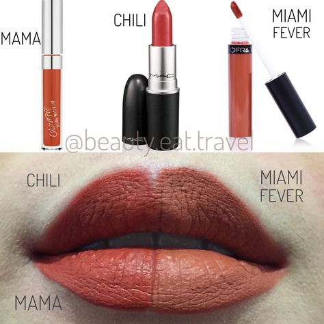 Vibrant burnt orange lipstick dupes: Mac Chili, Colourpop Mama, Ofra Miami Fever Burnt Orange Lipstick, Mac Chili Lipstick, Mac Chili, Orange Lipstick, Brown Lipstick, Dry Skin Patches, Olive Skin, Beauty Lipstick, Lipstick Swatches