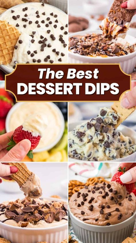 Best Dessert Dips, Sweet Dips Recipes, Chocolate Dip Recipe, Brownie Batter Dip, Cookie Dough Dip Recipe, Easy Dessert Dips, Chocolate Chip Dip, Dessert Dip Recipes, Cannoli Dip