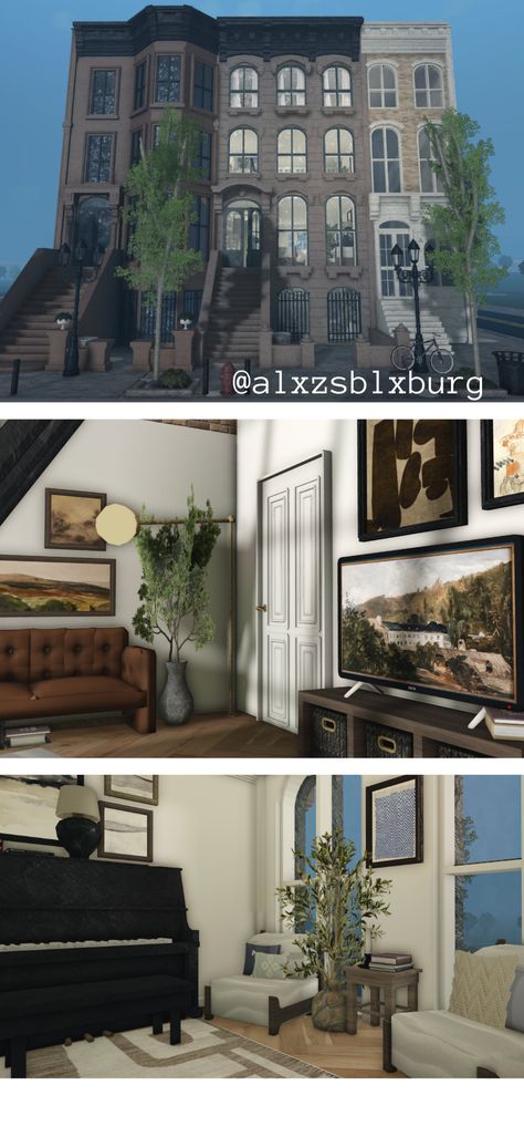 New York Apartment Bloxburg Interior, Cottage Core Bloxburg House, Bloxburg House Builds, House Layout Design, Bloxburg City, Modern Mansions, Bloxburg Town, Nyc House, Nyc Townhouse