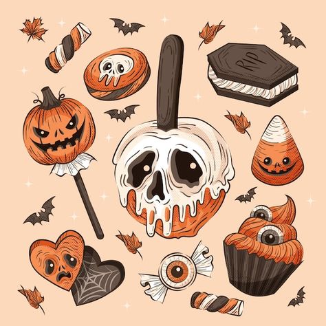 Skull Candy Drawing, Halloween Candy Painting, Candy Aesthetic Drawing, Halloween Vector Art, Halloween Candy Illustration, Halloween Candy Tattoo, Halloween Aesthetic Drawing, Candy Corn Tattoo, Cute Spooky Drawings