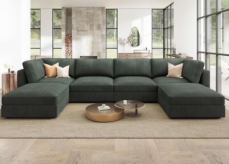 HONBAY Modular Sectional Couch with Storage Corduroy Sectional Sofa with Chaise U Shaped Sectional Couches for Living Room,Green Colorful Sectional Living Room, Honbay Modular Sofa, Big Living Room Couch, Boho Sectional Couch, Plush Sectional Sofa, Best Sectionals For Families Living Room, Colored Couch Living Room Ideas, Green Couches Living Room, Cozy Living Room Sectional