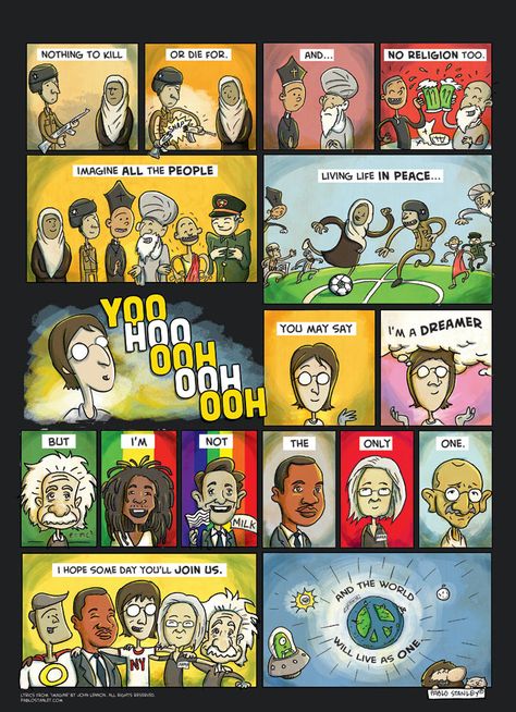 John Lennon's song "Imagine" now in a comic strip. John Lennon Imagine, Imagine John Lennon Art, Imagine Song, Imagine John Lennon, Im A Dreamer, Entertainment News Celebrities, Beatles Art, Human Kindness, The Fab Four