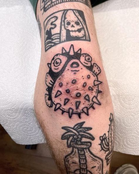 Pufferfish Elbow Tattoo, Blow Fish Tattoo, Animal Elbow Tattoo, Funny Fish Tattoo, Elbow Tattoos Mens, Men’s Elbow Tattoo, Ignorant Tattoo Design, Elbow Tattoo Men Traditional, Cool Elbow Tattoos