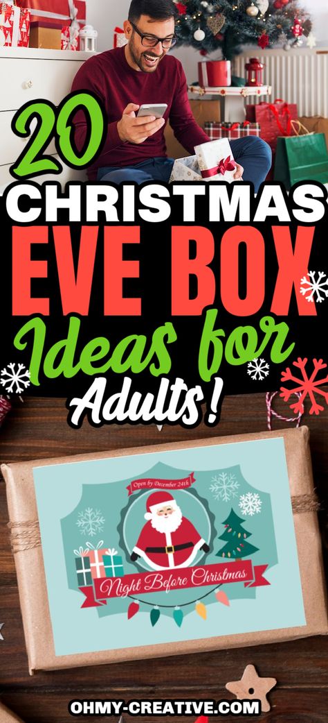 Here are 20 insanely fun Christmas Eve gift box ideas for adults! These are great for gift-giving to your neighbors, coworkers and friends too! Christmas Eve Boxes For Adults, Christmas Eve Box Ideas For Adults Men, Xmas Eve Box Ideas For Adults, Fun Present Wrapping Ideas, Christmas Eve Traditions For Adults, Christmas Gift Boxes Ideas, Christmas Gift Box Ideas Diy, Fun Christmas Eve Traditions, Christmas Surprise Box Gift Ideas