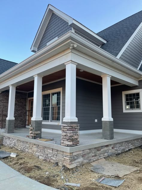 Update Round Porch Columns, Cottage Style Porch Columns, Posts In Front Of House, Front Door Columns Entrance, Front Porch White Columns, Front Porch Pillars With Stone, Colonial With Stone Accent, Pillars With Stone Base, Patio Column Wraps