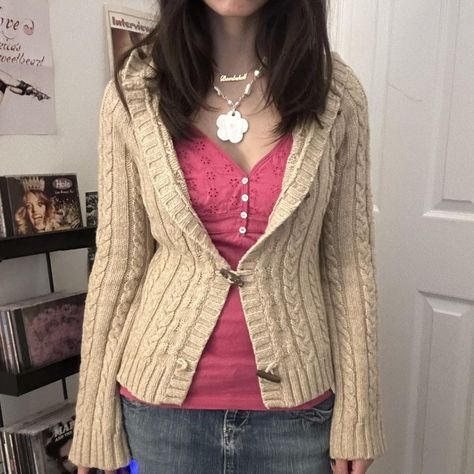 super adorable y2k early 2000s cardigan sweater by... - Depop 2000s Fall Fashion, 2000s Cardigan, 2000s Sweater, Shade Of Brown, Y2k Cardigan, Fall Love, Y2k Early 2000s, Tan Cardigan, Y2k Sweater