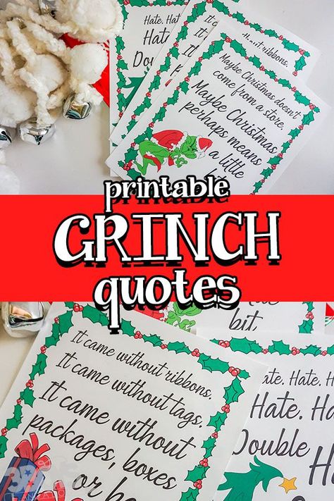 These Printable Grinch Quotes are great for easy Grinchmas Ideas! The Grinch is the only holiday movie that is a year-round feature. #printablequotes #grinchquotes #grinchmas #3boysandadog Grinch Diy Decorations Ideas, Printable Grinch Decorations, Grinch Heart Craft, Grinch Printables Templates, Grinch Pranks, Grinch Sayings Quotes Free Printables, Grinch Christmas Gift Ideas, Grinch Sayings Quotes, Grinch Images Free Printable