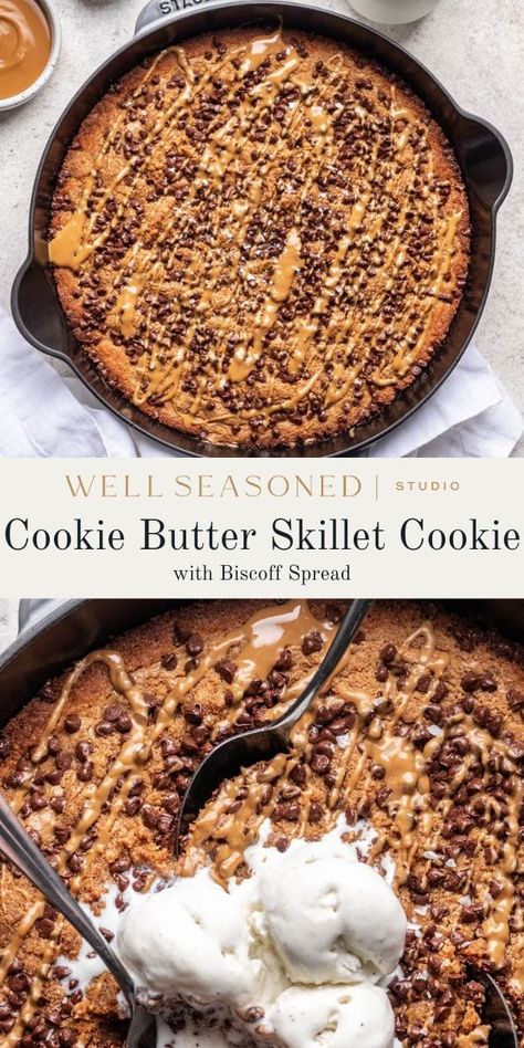 This Cookie Butter Skillet Cookie is a delicious and easy dessert for a crowd! Our homemade cookie dough is baked in a cast-iron skillet, then drizzled with melted cookie butter and lots of fresh chocolate. The edges are crisp, but the center is thick and chewy. Best eaten straight out of the pan! #wellseasonedstudio #cookiebutter #skilletcookie #chocolatechipcookie Skillet Cookie For One, Easy Dessert For A Crowd, Cast Iron Skillet Cookie, Dessert For A Crowd, Lotus Cookies, Skillet Cookie Recipe, Skillet Cookies, Homemade Cookie Dough, Giant Chocolate Chip Cookie