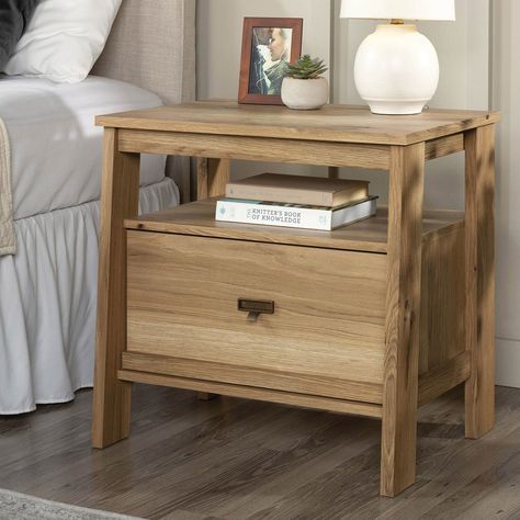 Sauder 1 Drawer Night Stand In Timber Oak | Nightstands | Furniture & Appliances | Shop The Exchange Sauder Storage Cabinet, Nighttime Tea, Oak Nightstands, Oak Nightstand, Wood Bedside Table, Bedroom Essentials, Bedroom Bedside Table, Wood Nightstand, Open Shelf