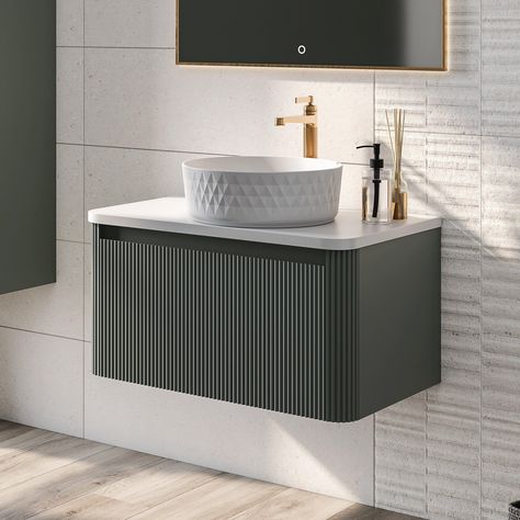 Wall Hung Ribbed Vanity Unit in Green | Fluted Furniture | Easy Bathrooms Ribbed Vanity, Fluted Sink, Small Bathroom Sink Cabinet, Fluted Furniture, Under Sink Drawer, Easy Bathrooms, White Worktop, Small Bathroom Sinks, Bathroom Sink Cabinets