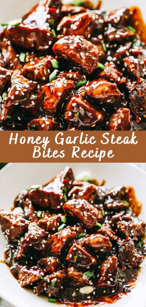 Honey Garlic Steak Bites Recipe - Cheff Recipes Honey Garlic Beef Stir Fry, Honey Garlic Beef Tips, Steak Bites Bowl, Garlic Bread Steak Bites Tipsy Housewife, Steak Bites And Rice, Steak And Sweet Potato Dinners, Honey Garlic Steak Bites, Honey Garlic Steak, Teriyaki Steak Bites