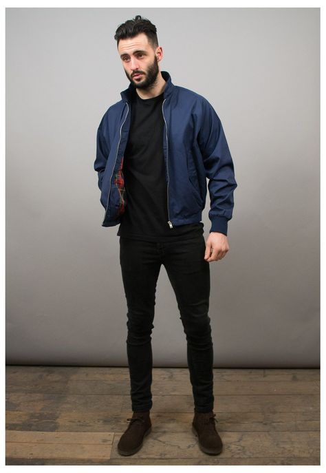 Vintage Style Navy Harrington Jacket Navy Harrington Jacket Men Outfit, Navy Jacket Outfit Men, Harrington Jacket Outfit, Blue Jacket Outfits Men, Navy Jacket Outfit, Harrington Jacket Men, Cool Jackets For Men, Mens Navy Jacket, Mens Wardrobe Essentials