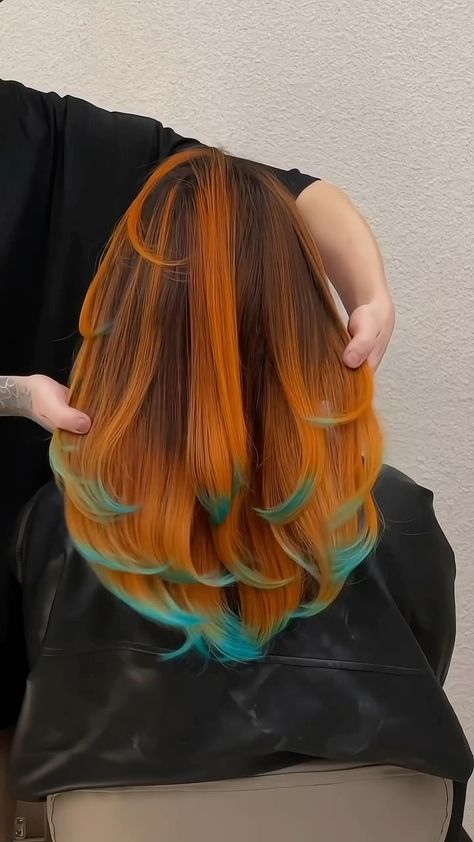 Instagram Tie And Dye Hair, Ginger With Colored Streaks, Orange And Blue Hair Ideas, Ginger Hair With Blue Highlights, Tiger Hair Color, Fox Tips Hair Dye, Orange And Teal Hair, Copper And Blue Hair, Hair With Colored Tips