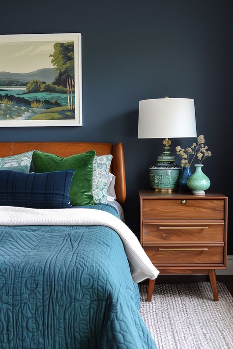 15 Tips for a Stunning Mid-Century Modern Bedroom – Everyday Inspo Navy Headboard Bedroom Ideas, Mid Century Transitional Bedroom, Mid Blue Bedroom, Retro Blue Bedroom, Board Batten Bedroom, Blue Primary Bedroom Ideas, Moody Mcm Bedroom, Mid Century Guest Bedroom, Midcentury Bedding