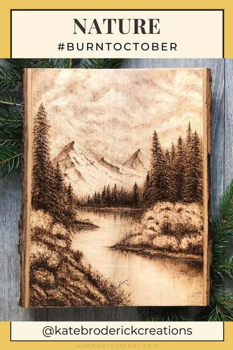 Today’s wood burn feature for burnt october goes to @katebroderickcreations for this beautiful pyrography nature piece! Those little woodburned twigs along the shore. The gorgeous textured sky. The woodburnt pretty trees. I can stare at this piece all day. Click to learn more about these wood slice pyro challenges on instagram & join us to get pyrography inspiration & ideas! Sign up for Burn Club+ to get prompts early Wood Burn Trees, Wood Burning Painting, Wood Burn And Paint, Pyrography Art Ideas, Wood Burning Trees, Pyrography Trees, Pyrography Ideas Inspiration, Nature Pyrography, Christmas Wood Burning