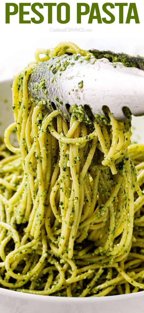 Pesto Pasta is a deliciously cheesy, garlicky and herbaceous meal with the option of roasted veggies!  Easy to whip up in less than 30 minutes and is extremely flexible! #pesto #pestosauce #basilpesto #garlic #basil #parmesan #recipe #pestopasta #recipeideas #recipeseasy #recipesfordinner #dinner #dinnerrecipes #dinnerideas #dinnertime #sausagepastarecipe #cooking #italianfood #italianrecipe #garlic #familydinner #parmesan #familyrecipe #comfortfood #comfortfoodrecipes #comfortfoodrecipe Kirkland Pesto Recipes, Spaghetti Pesto, Uni Meals, Basil Pesto Pasta, Sauce Video, Pesto Recipes, Pesto Pasta Recipes, Carlsbad Cravings, Basil Recipes