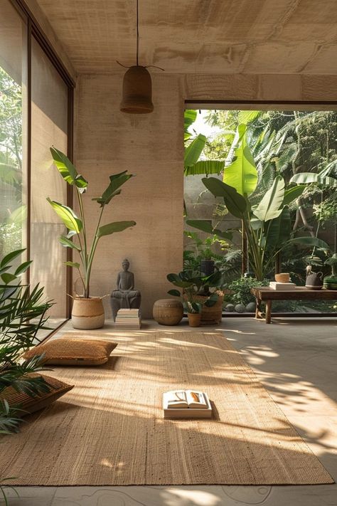 29 Patios For Book Lovers 22 Meditation Hall Design, Meditation Sunroom, Tropical Modernism Interior, Meditation Bali, Meditation Space Architecture, Modern Backyard Garden, Elevated Patio, Small Yoga Studio, Plant Sanctuary